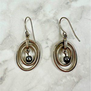 Silver Tone Earrings with Open Ring Dangles & a Silver Tone Ball Center - 1 1/4"